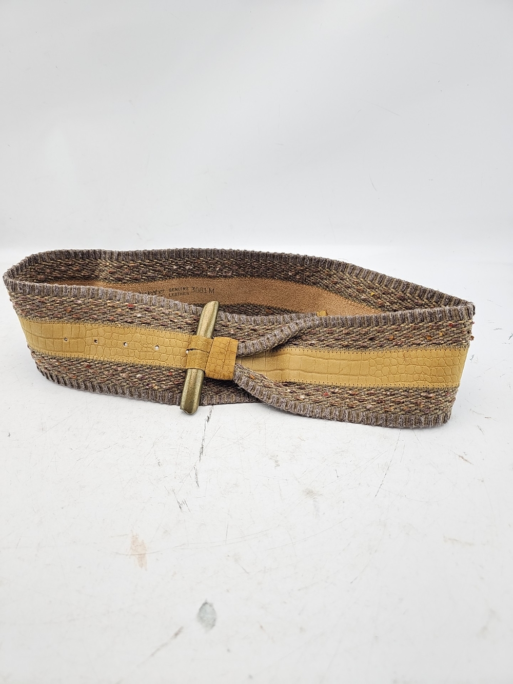 Wide Stretch Belt with Mustard Leather Accent and Antique Buckle